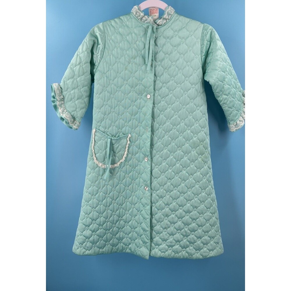 Vintage Her Majesty Girls Size 6 Aqua Quilted Robe Housecoat Lace USA Made Gorg!